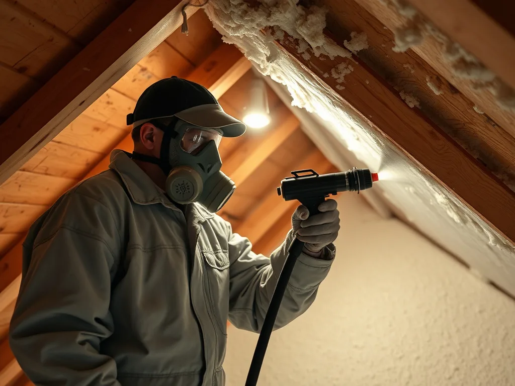 Technician spraying foam insulation onto an attic roof deck